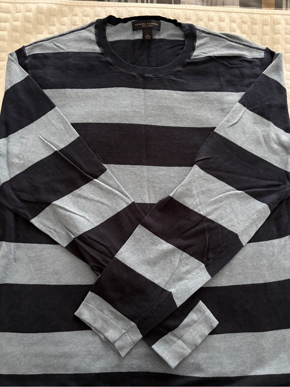 Banana Republic Men’s Black and Gray Wide-Stripe Crewneck Sweater